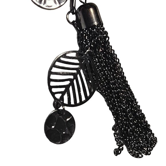 Black Metal Statement Chain Link Necklace Tassel Disk Charms Gothic Fashion - Picture 4 of 8
